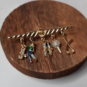 Golf Lovers Charm Brooch Pin Gold Tone Embellished